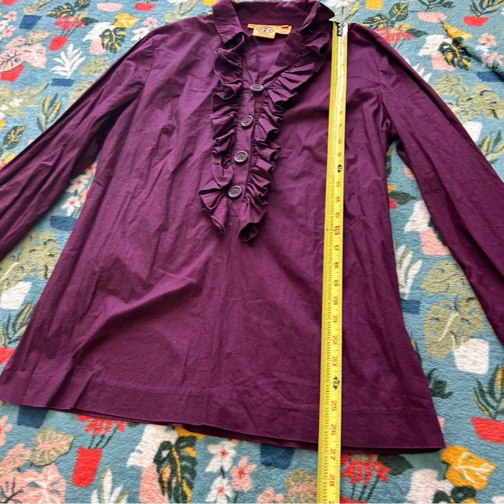 Tory Burch dark purple maroon ruffle front long sleeve button front shirt - Picture 3 of 8
